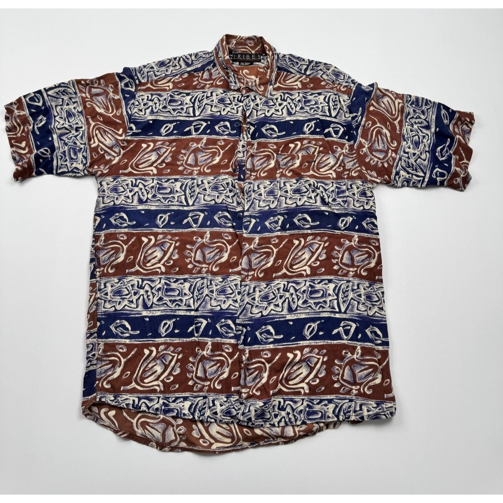 Tribes Shirt Mens Medium Brown Blue Abstract Batik Print Rayon Button Up Nepal